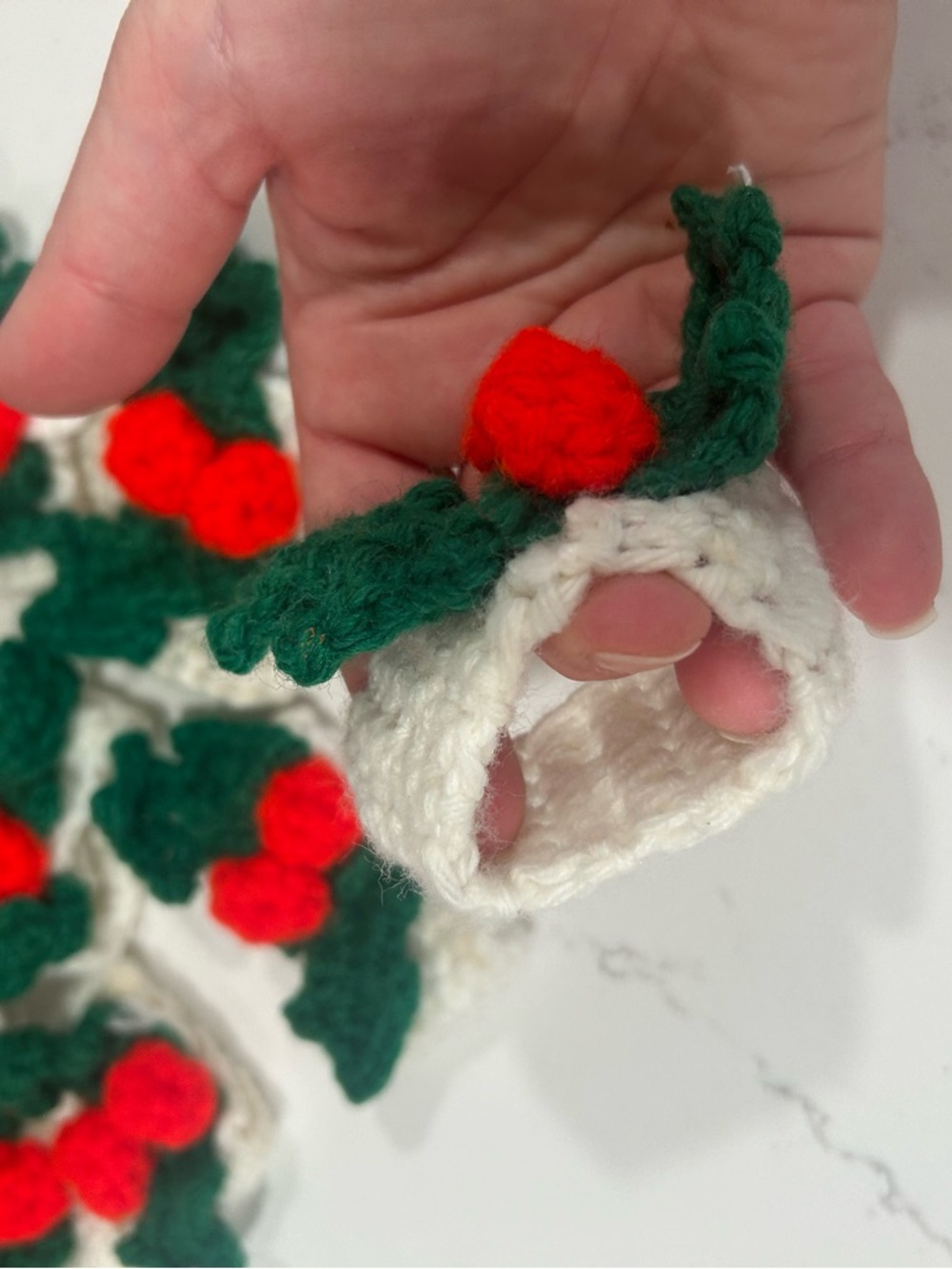 Handmade Crocheted White Holiday napkin Rings with Green Leaves and Red Berries